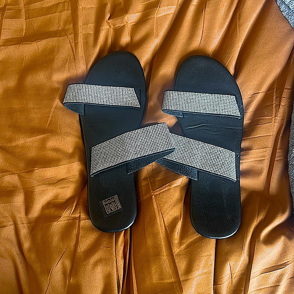 Black sequin slip on sandals